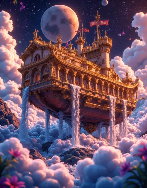 concept art anime semi-realistic, RTX, glitch art effect Black shiny, splash art, Include an ornate golden ship featuring classical architectural elements like columns and statues. The ship should be depicted as floating above billowy white clouds. Integra...