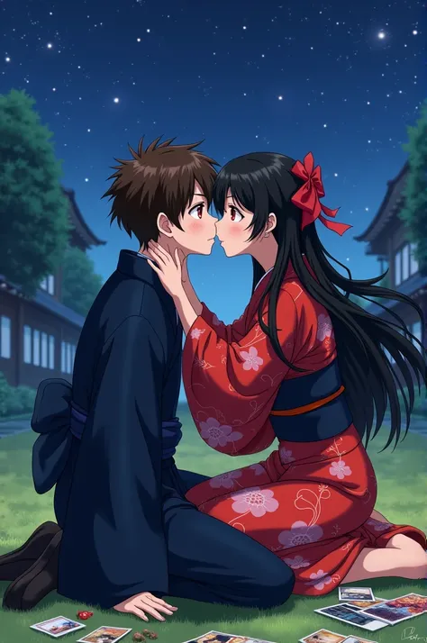 An anime girl with long black hair and red eyes wearing her red and black yukata ,  passionately kissing the mouth of a brown-eyed and haired boy wearing his traditional Japanese navy blue outfit on a starry night with photos of artifices sitting on the gr...