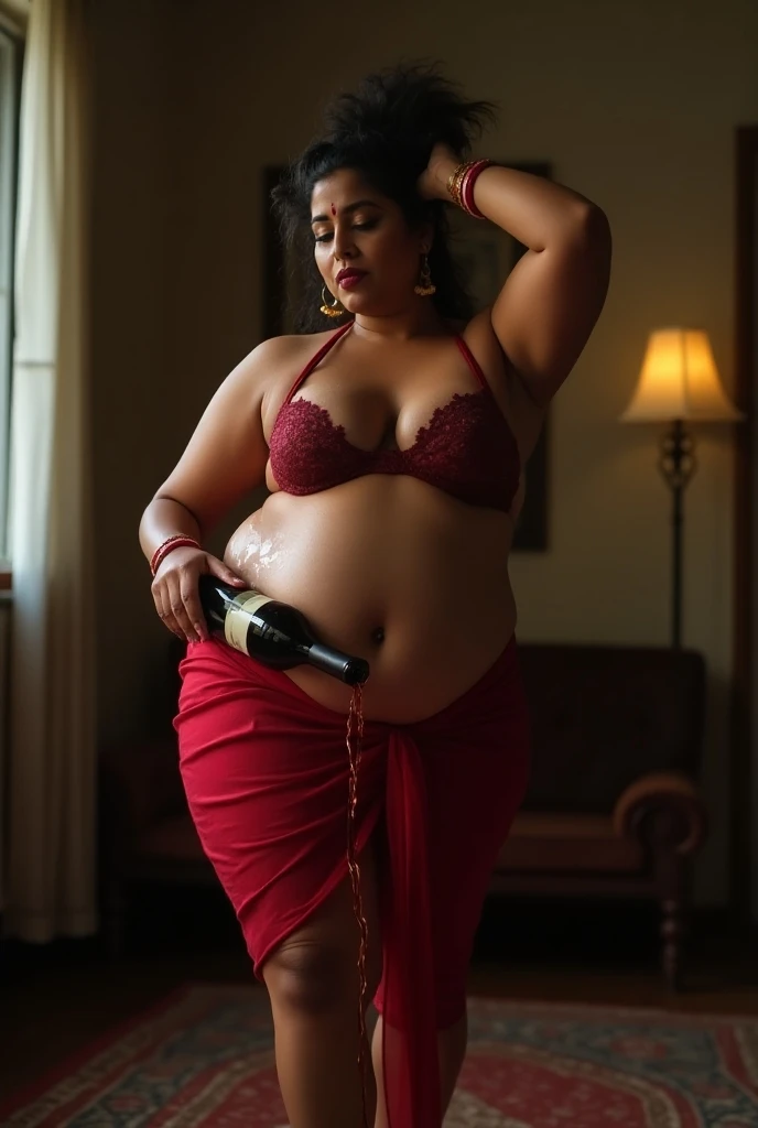 photo of Voluptuous Mature plus size Indian cute Bengali Aunty with dusky skin, wearing mini skirt and strapless bra , showing her large Cleavage, show her navel, Red Sindoor on her forehead, Shakha Pola bangles in her hand, Hair messed up, nice curves, da...