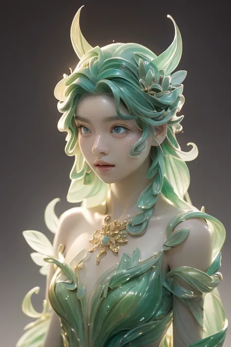 a plant human onlysculpture ,fusion of plants and humans,clear eyes,beautiful girl,cute,plant sculpture, plant all ,all plant only,live action,turn face to the camera,front,looking at camera,devil,background, dreamlike colors, transparent plant sculpture, ...