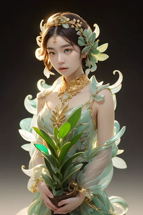 a plant human onlysculpture ,fusion of plants and humans,clear eyes,beautiful girl,cute,plant sculpture, plant all ,all plant only,live action,turn face to the camera,front,looking at camera,devil,background, dreamlike colors, transparent plant sculpture, ...