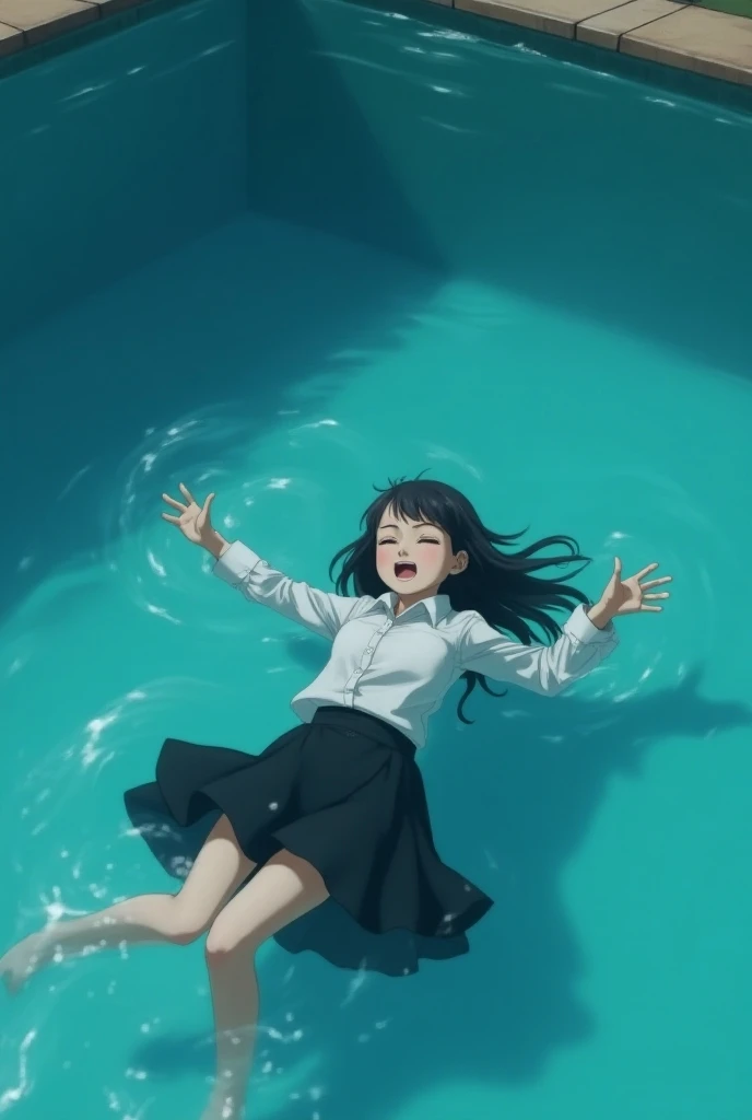 Anime girl drowning in a pool , has a white blouse and a black skirt she is seen suffering 