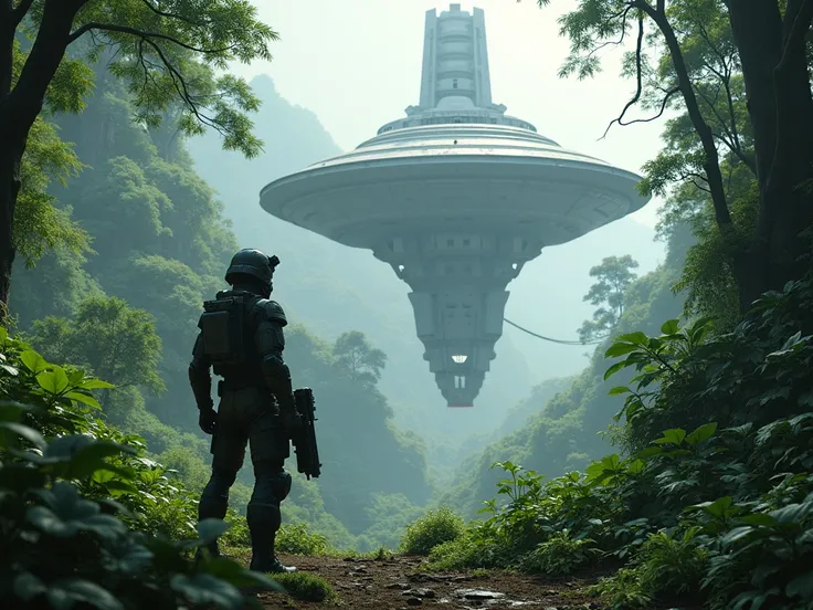 a soldier at the head of a large alien ship in the jungle