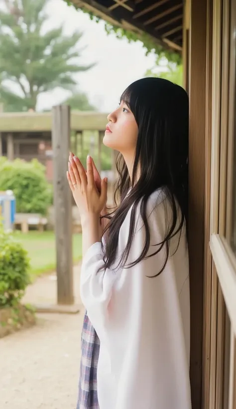 (((shrine:1.5))),Composition  ,(((Im praying :1.4))),High image quality, 32K,  extremely accurate anatomy, masterpiece, Realistic,  very detailed,   photo volume release ,  Hi-Res, ((Shooting from the side:1.4, look up , cute hairstyle  )),  Smoother Light...