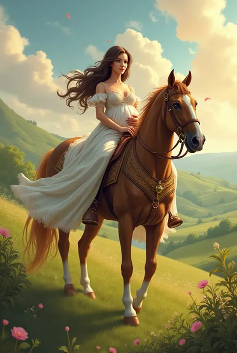  
pregnant brunette princess riding a horse

 