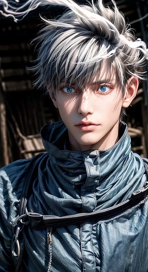 a hyper realistic masterpiece of gojo satoru from jujustu kaisen, extremely detailed face and eyes, mesmerizing gaze, dynamic lighting, fire, dust, traces of blood on clothes, burning houses in the background, thick smoke, intricate details, photorealistic...