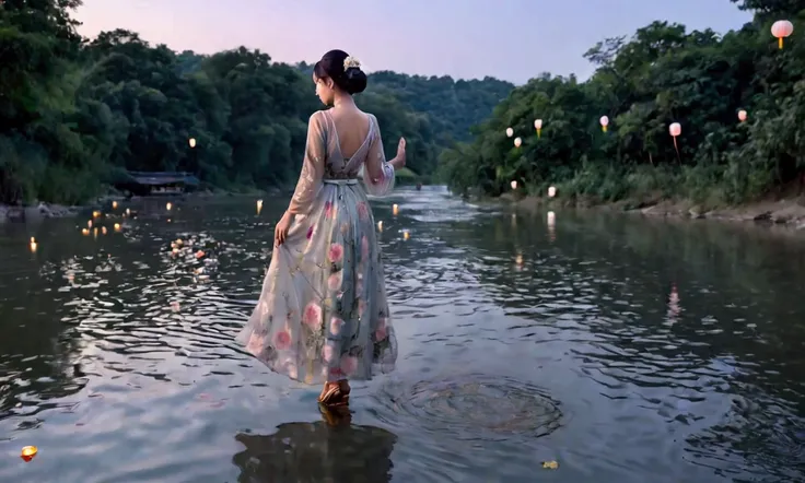 A cute woman (sheer Asian dress delicate flower patterns, formal hairdo, sandals, amazing butt) is standing by the river edge, mournful watching her grandmothers ghost leave. Several lanterns float downstream. Twilight. the ghost of her grandmother rides d...