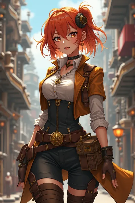 create an anime character, of a 25 year old woman, copper hair with bangs, brown eyes, dressed in steampunk 