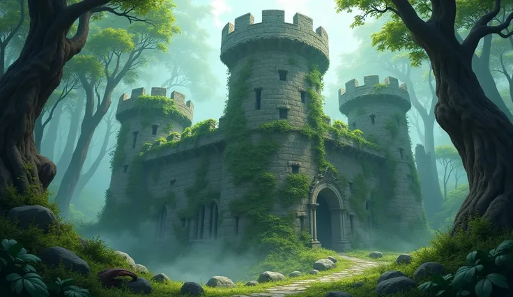 Image 3d cartoon style "Prompt:**  
"An ancient, weathered fort in a dense forest, partially overgrown with vines and moss. The structure is crumbling, with broken walls and towers reaching into the sky. Mysterious shadows and fog hover around it, hinting ...