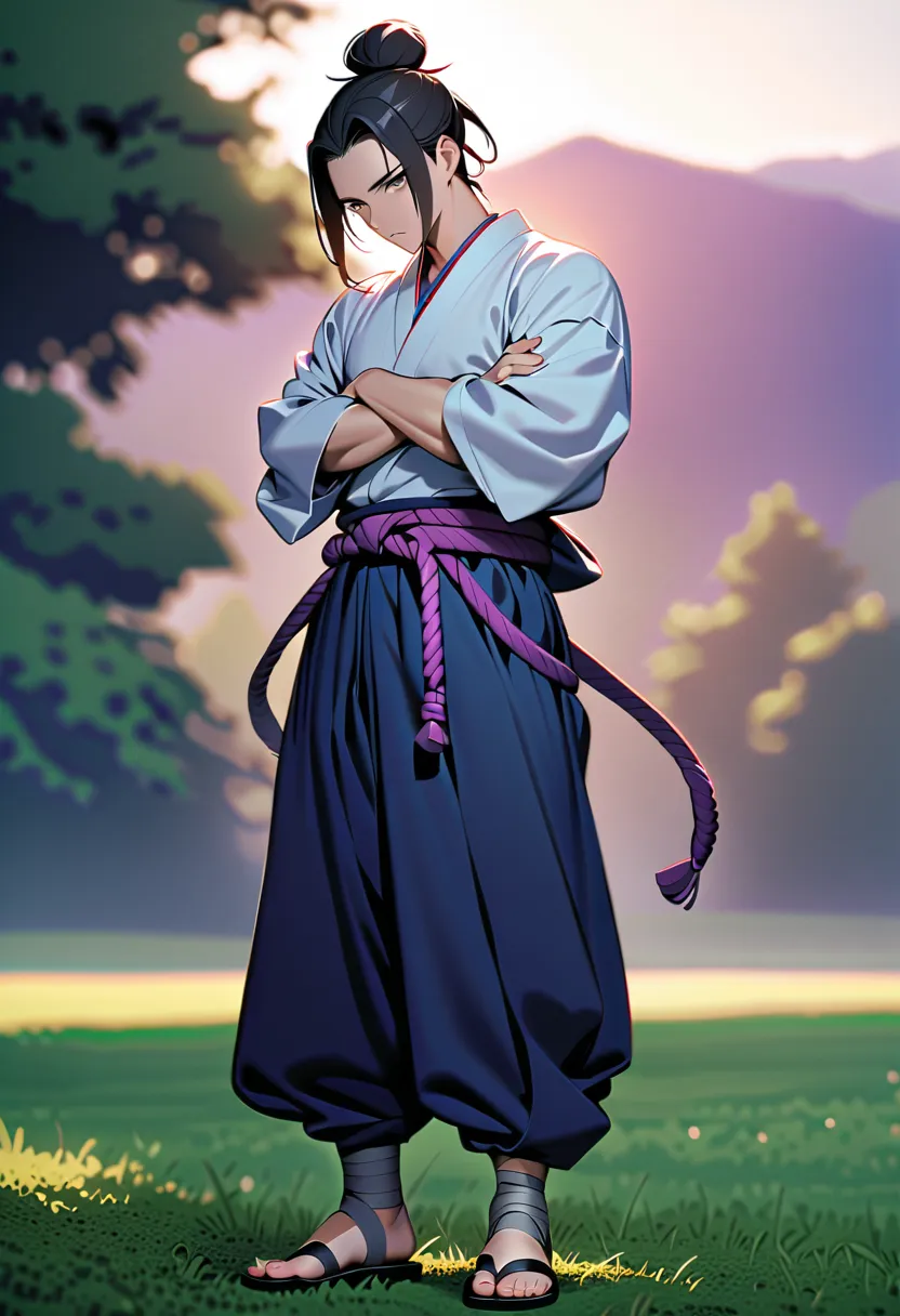 masterpiece, best quality, perfect lighting, high resolution, 1 guy, samurai, muscular, slim build, black hair, (manbun samurai hairstyle), spiky dual bangs, black eyes, calm demeanor, handsome, (white baggy long-sleeve kimono top), long faded-blue cloth w...