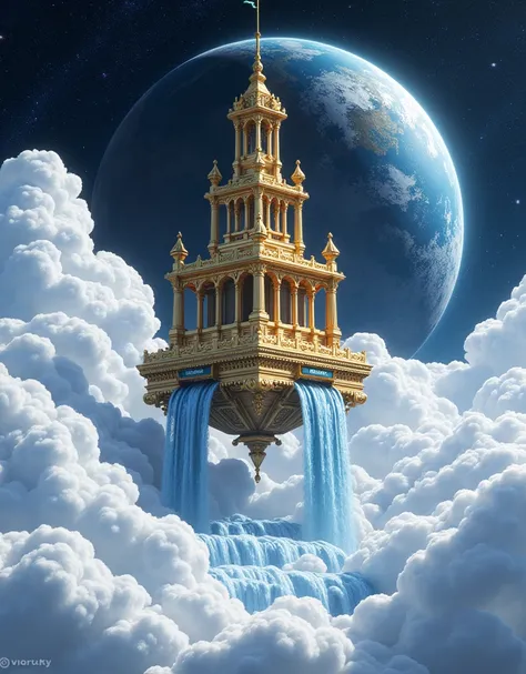 concept art anime semi-realistic, RTX, glitch art effect Black shiny, splash art, Include an ornate golden ship featuring classical architectural elements like columns and statues. The ship should be depicted as floating above billowy white clouds. Integra...