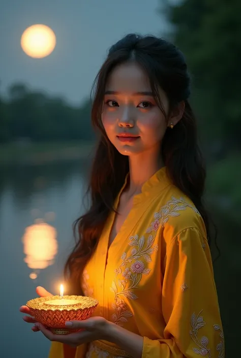 Here is the image of a beautiful Thai woman with sweet eyes in a yellow traditional dress, holding a Krathong by the riverside under the full moon. Let me know if you would like any adjustments or additional images.