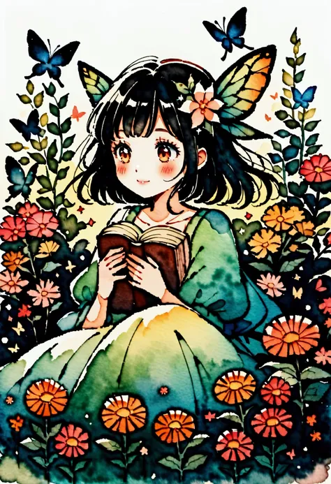  A beautiful girl dressed as a fairy,  surrounded by flowers and butterflies . satisfied:  Watercolor Painting . style: Whimsical and delicate ,  like a book illustration  .