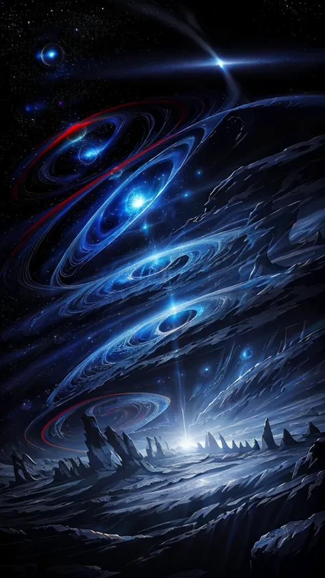 Majestic black holes illuminated against the vast cosmic canvas, their event horizons shimmering with an inscrutable allure, a mesmerizing interplay of gravity and dark matter, remnants of celestial monsters devouring the light from their past, intricately...