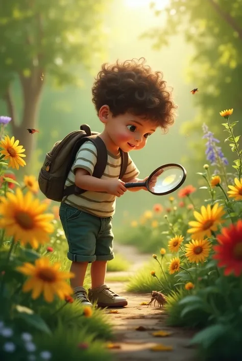 A  playing in his garden with a magnifying glass in his hand