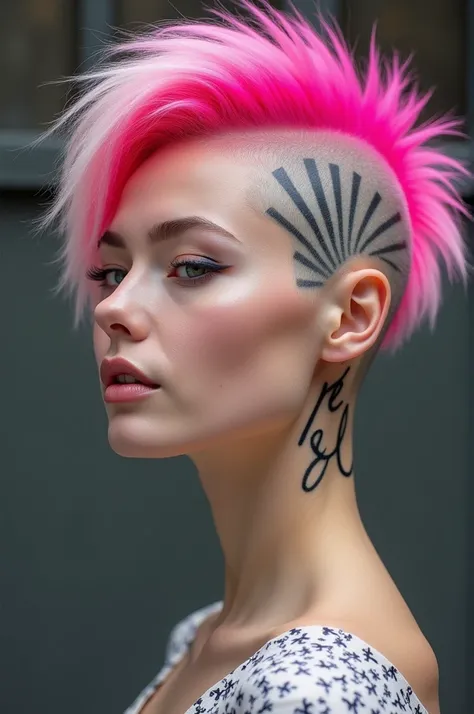 

1.  colorful mohawk :  Dyed in hot pink with subtle white tips ,  tall and with shaved sides .


2.  Discreet designs :  On the shaved sides , include a  "rl"  and a horizontal ray close to each other .


3.  Clean finish :  Well defined lines between th...