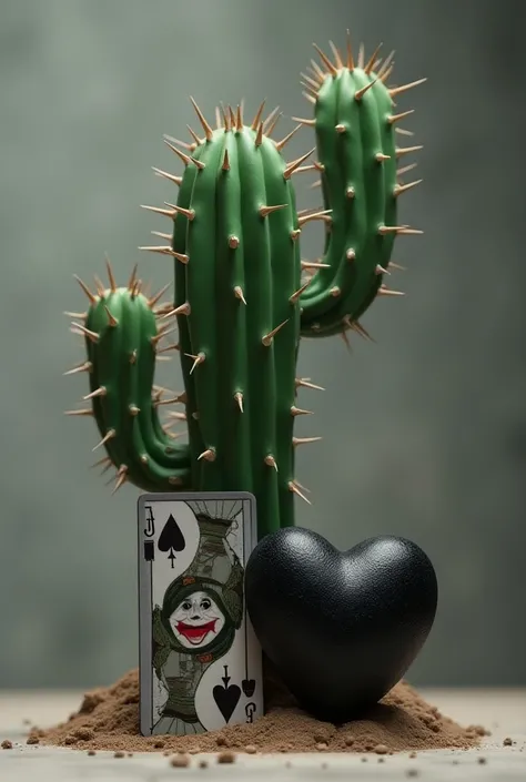  Create a composition focusing on 3 different elements: A normal cactus, a Joker card and a black heart 