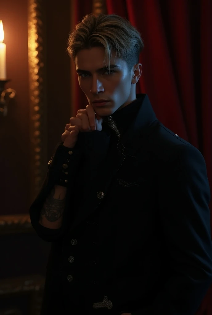 Imagine Victor, a handsome adult man standing in a dimly lit, opulent room, shadows pooling around him like a storm gathering. He’s wrapped in a dark, tailored coat with subtle silver embroidery, his chin-length, medium-blond hair styled in layered cuts, b...