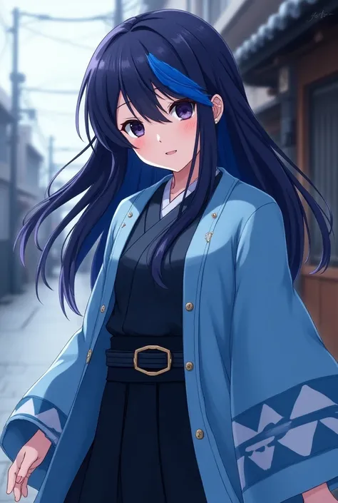  attractive anime style girl with blue-purple long hair、
Blue-purple long hair with hidden hips 　Turn a section of the side of the bangs blue.　 blue highlights on the side of her bangs 　Part of the bangs is blue　Dark Eyes　Sharp, Cool Eyes 　Light blue haori...