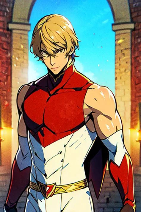 (  High-definition CG), (Best Quality),     a superhero and has a beautiful body,   hero costume , Handsome and cool young man   ,       Slim and Muscular      , My skin is brown  ,  blonde, Frivolous,   sensual vibe  ,