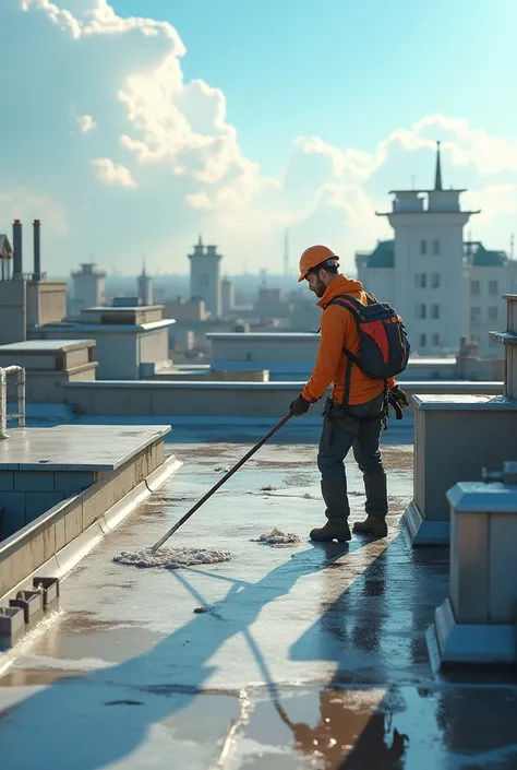 A person cleaning the roof