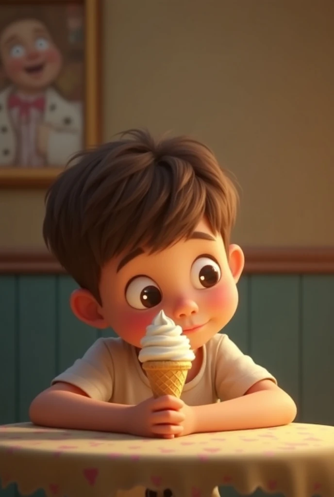 A boy watching an ice cream cone on a table