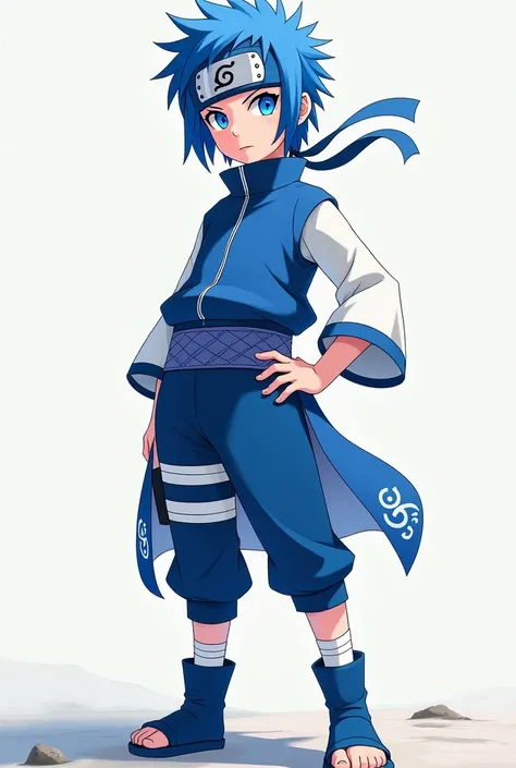 Create a blue and white short-haired naruto anime character for a jonin shirt for a 2D animation headband