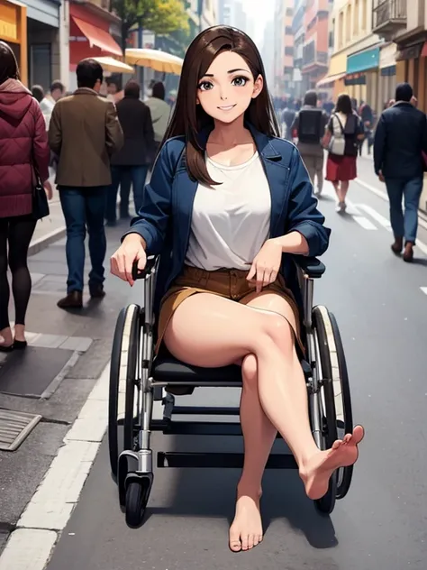 Brunette skinned wheelchair girl showing bare feet, smiling, castanho jacket, on a sidewalk full of people weighing 
