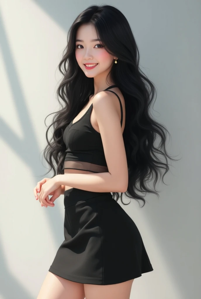    Asian Style、 Korean Style Idol 、cute、   Black Hair   、  Long Hairを持っています 、 髪の裾にteeth緩やかなウェーブ 。 I have my hair straightened at the beauty salon、着るs a black minteethkirt  、  teeth 。     1 girl,      high definition  , Long Hair, smile, Best Quality, Accur...