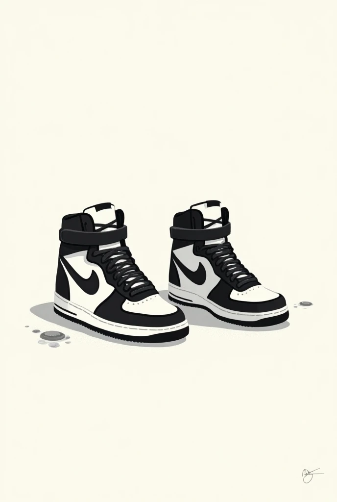 Nike hightop airforce1s black and white shoes three quarters view flat cartoon simple minimalist style illustration 