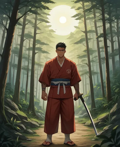 A samurai warrior,masculine,handsome man,Japanese,samurai clothes,holding a katana,Japanese Mythology,black hair,barba,sun tanned,tattooed, perfect body ,forest,sanctuary,feudal japan,cinematic scene,best quality,8k