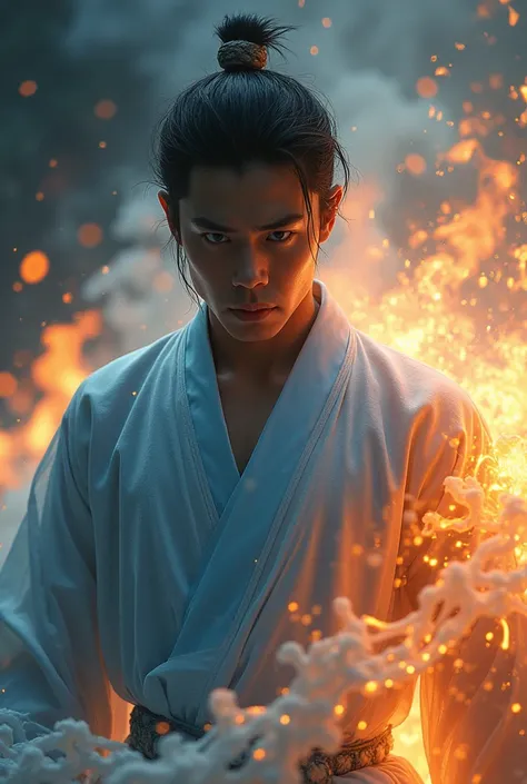 A handsome Korean young man with water powers, wrapped in fire 