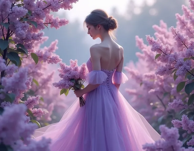  I want an image of a girl with her back ,  wearing a long lilac dress .  The dress should be flowing and completely cover her back , without showing skin, with an elegant design.  girl holds a bouquet of lilac flowers in her hands in front of her.  It is ...