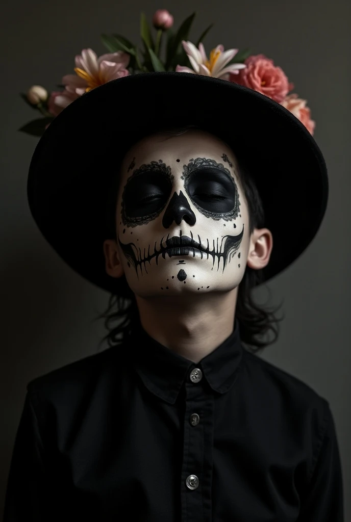 I like the , But I want him to be a man and for the background to be black dressed as Catrin as Day of the Dead, wearing a hat and focusing more on the face from the front, Without flowers looking up at my face with my eyes closed