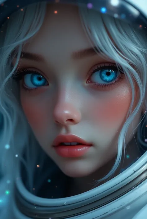 Close-up of the best masterpiece:1.5)0.9], (Space and astronauts:1.2) ( Loose silver hair:1.1) (Heterochromia:  xanthochromia and blue eyes:1.2) (Space helmet:1.0) (Colored stars in the eyes:1.0) (Shining light:1.1) (full lips:0.9)