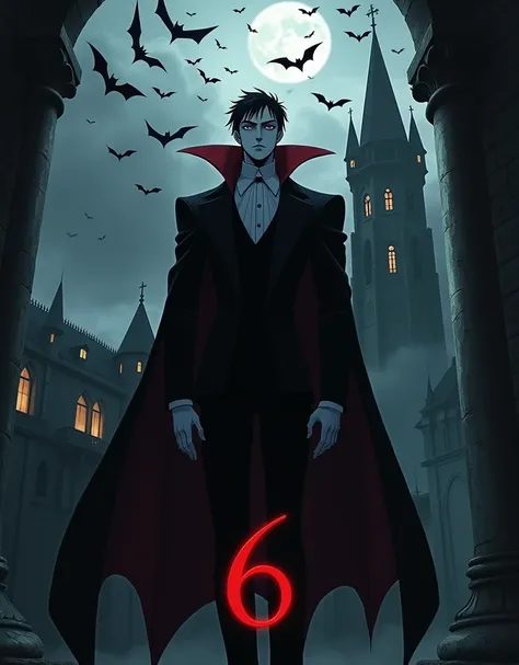 90s anime Black dracula with bats in the background and castle with number 6