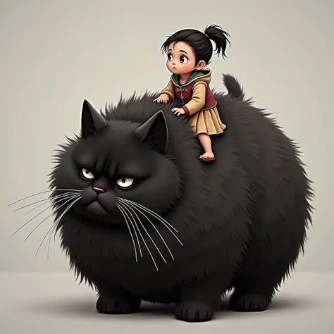 Create an image of Thai girl ride a large, fluffy, black cat with an exaggeratedly grumpy expression standing upright on its hind legs. The cat should have a round body, small ears, and a tail that is bushy at the end. The background should be a plain, neu...