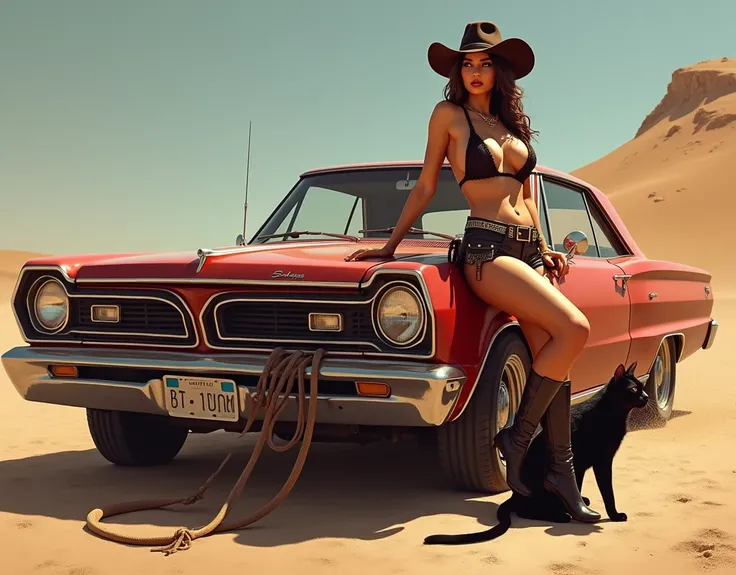 A woman dressed as a cowgirl in a sexy, short outfit, with a whip tucked at her waist, leaning against a classic Dodge car. A black cat sits nearby on a sandy hill.