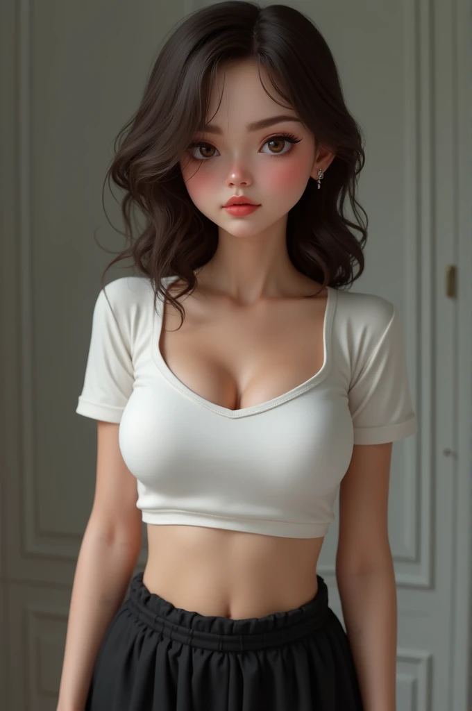 Russian girl, shy face, wears a black skirt and a white shirt with a crop top form, she has her belly button exposed, she has her full abdomen naked, focus her belly button