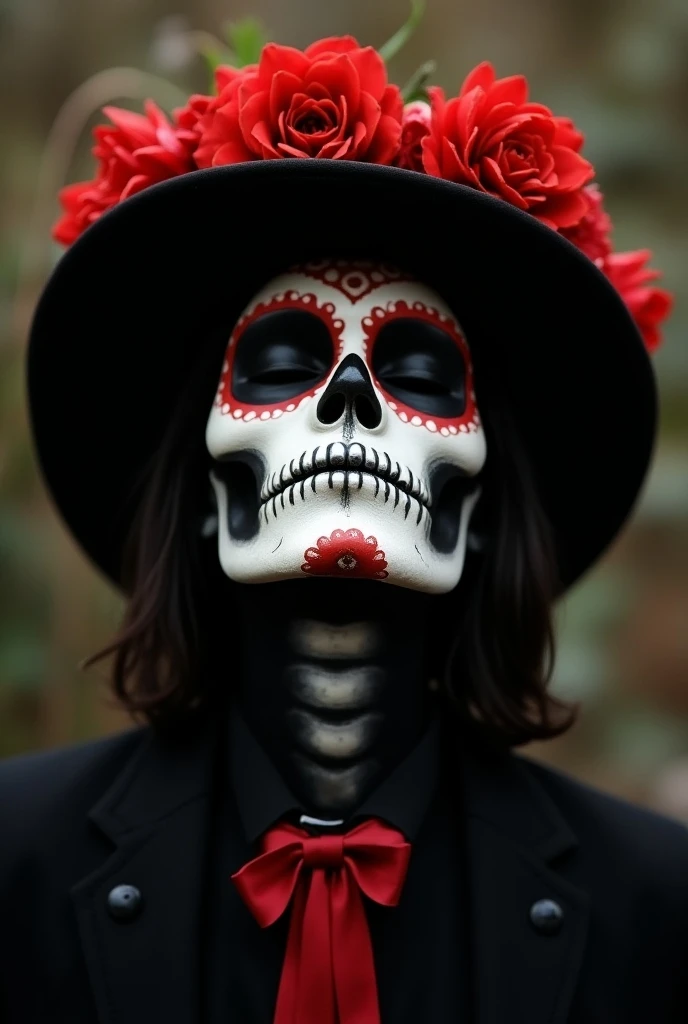 I like the , But I want him to be a man and for the background to be black dressed as Catrin as Day of the Dead, wearing a hat and focusing more on the face from the front,  without flowers looking up with his eyes closed, But let it be a man  