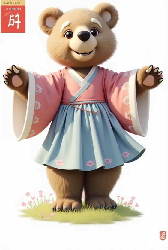 The big bear is wearing a pink hanbok dress, a long blue skirt. Straight sleeves with a floral print.