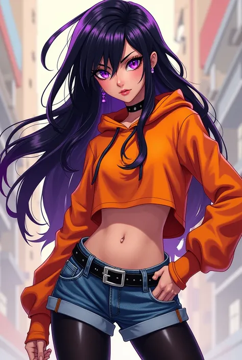 Western animation inspired art style. A teenage punk girl. Long black hair with purple highlights. Purple eyes. Purple mascara and blush eyeshadow. Shes Wearing Orange Hoodie, Denim Short-shorts a Buckle Belt and black pantyhose.
