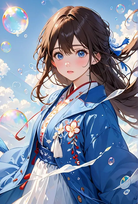  In the expression、Woman with long brown hair、Wear a blue coat、Background white、 Hi-Res,  anatomically accurate, embroidery texture, Flying soap bubbles、 I Cant Translate 。 the input format is incorrect 。&#39;Draw hands、happiness/joy, 