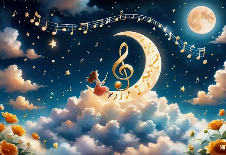 A cute musical note sitting on a cloud. The musical note is surrounded by the Moon and stars. Soft, warm ambient glow.