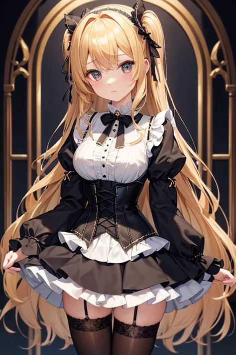 (((gothic))),  A young woman standing in elaborate decorations  、 A fascinating scene , she was adorned with hair accessories、she is medium length,  wavy golden hair..。.。Super mini skirt with frills, sheの表情は自然だ, calm look. she wore a frilly-sleeved miniski...