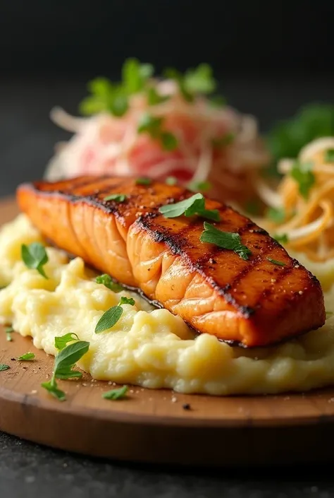 mashed potatoes, grilled salmon, coleslaw, photorealistic, realistic, highly detailed, 8k, food photography, studio lighting, gourmand, delicious, mouth-watering, glistening, juicy, vibrant colors, natural lighting, crisp textures, detailed ingredients, el...