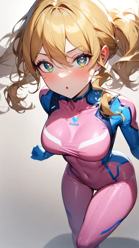  1 girl, Samus Alan,Alone,green eyes, blonde hair,Zero Suit,pink bodysuit,,Heart-shaped pupil,Heart shaped eyes,science fiction,Super detailed, sharp concentration,Midea,(Best Quality)