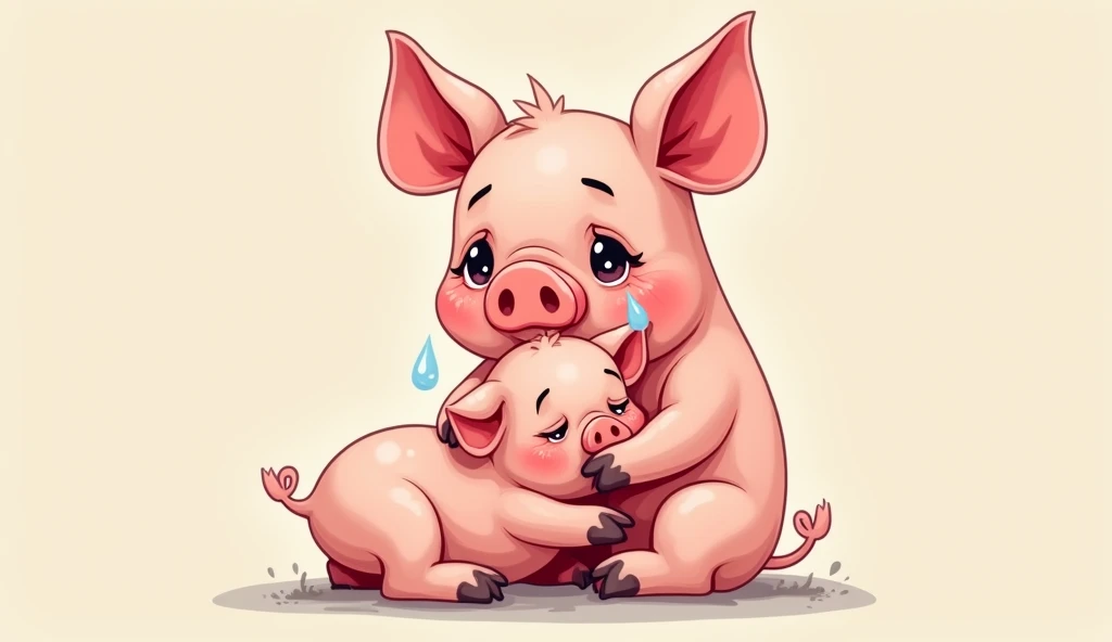 Pig crying with her baby, cartoon 