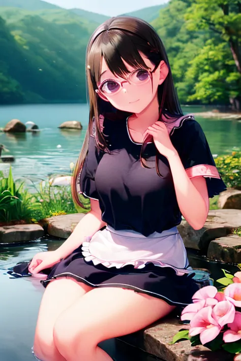 1 girl, black hair , long hair,glasses,    maid clothes,lake yamagami  ,湖畔の別荘,  flower bed care,  high resolution down   , 最高qua...