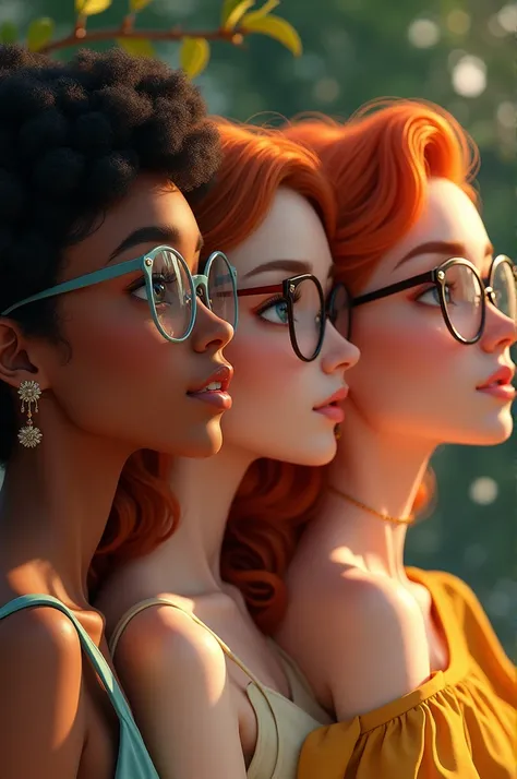 Create an image of a trio of girls:

1. A trans girl with brown skin and short, curly black hair, wearing glasses.

2. A white-skinned girl with long, straight, red hair, with a confident expression.